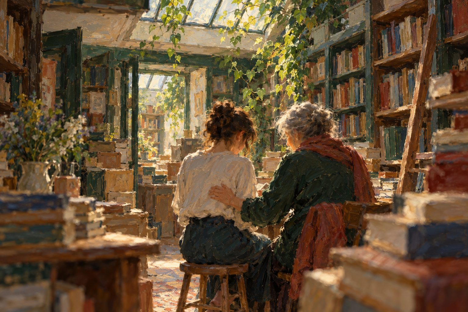 Pintura impresionista de dos colegas en una trastienda de librería, ilustración de llorar en el trabajo y qué hacer