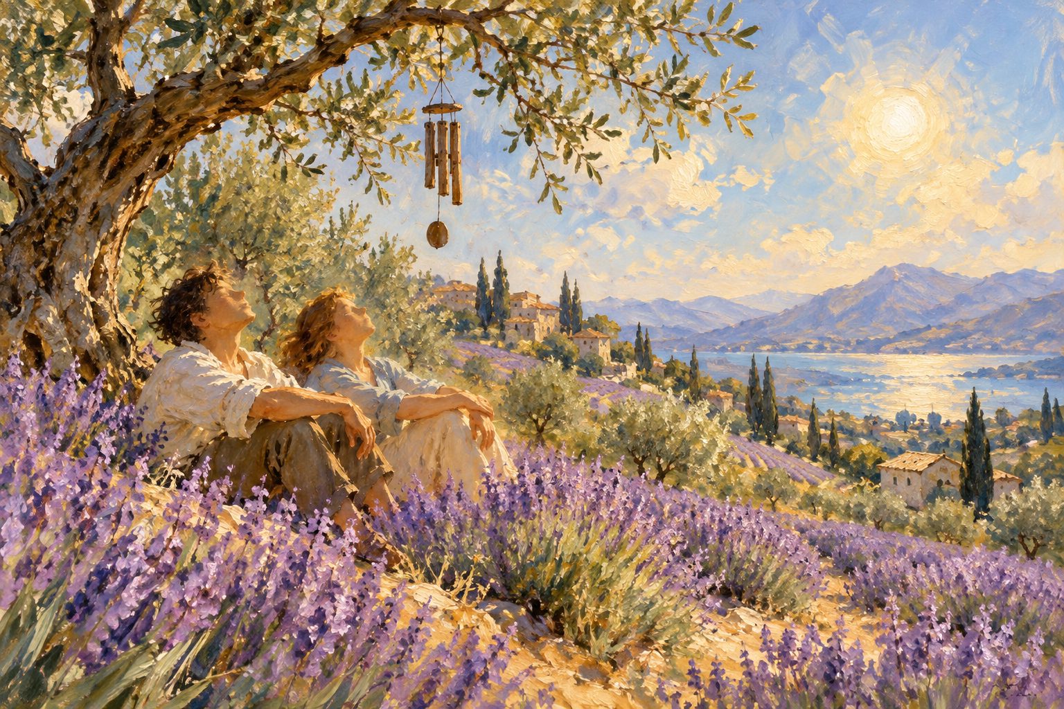 Pintura impresionista de dos amigos en silencio entre lavanda, ilustración de si llorar es bueno para la salud