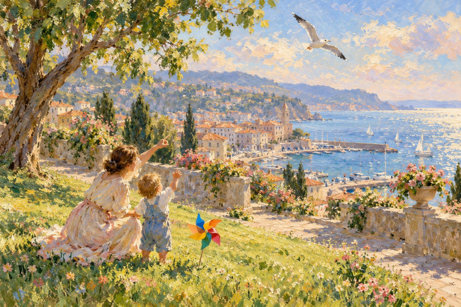Pintura impresionista de una madre señalando un pájaro a su hijo pequeño en una plaza, ilustración del test M-CHAT-R/F de detección de autismo