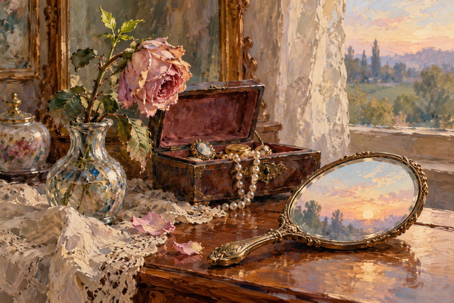 Pintura impresionista de un espejo de mano y una rosa con un brote nuevo, ilustración sobre la madre narcisista y sanar