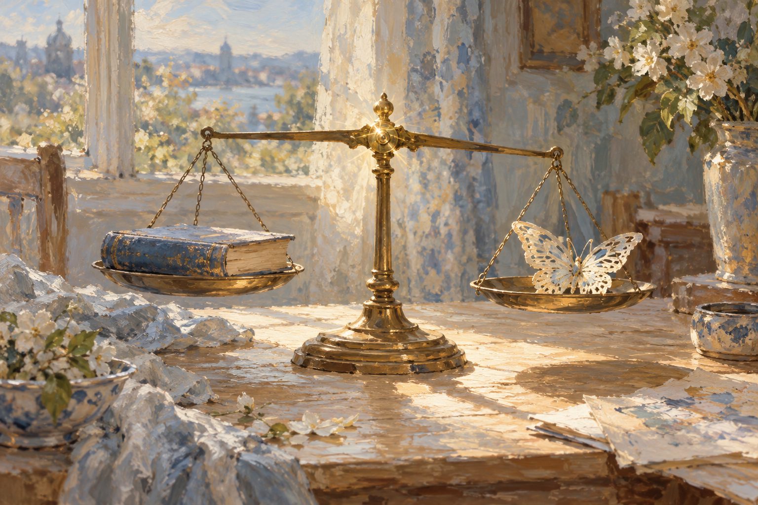 Pintura impresionista de una balanza en equilibrio incierto, sobre si el MBTI es cientifico