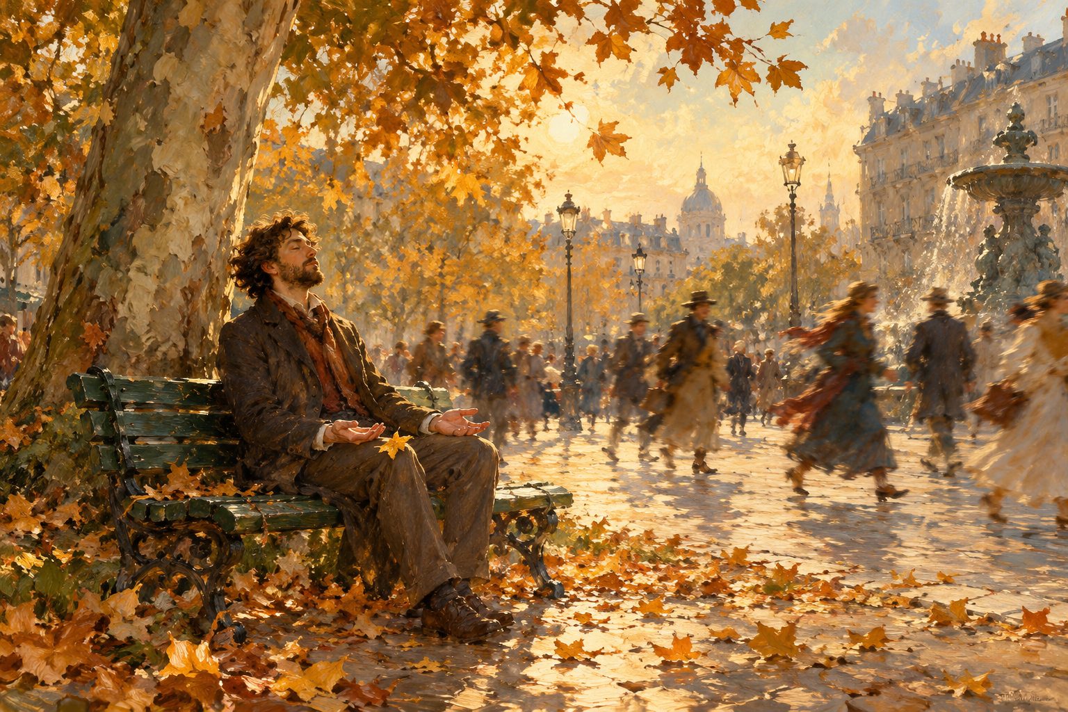 Pintura impresionista de un hombre sereno en un banco de plaza, ilustración de me enojo por todo