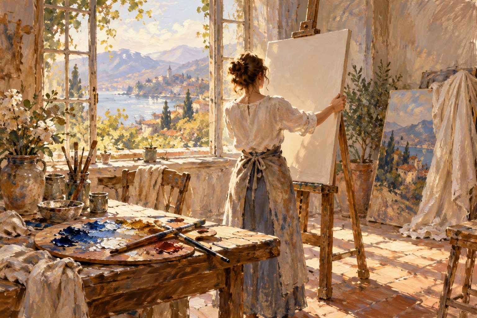 Pintura impresionista de una persona colocando un lienzo nuevo en un caballete, ilustración de me equivoqué de carrera