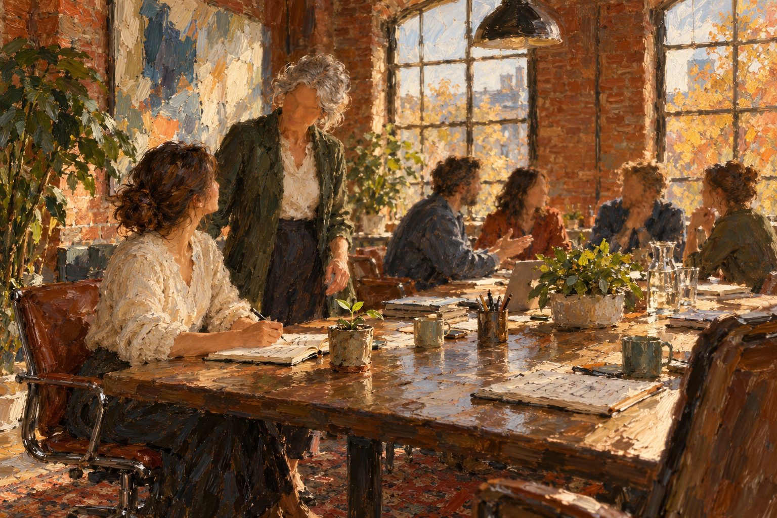 Pintura impresionista de una mujer en una mesa de reuniones con una planta que brota, ilustración de me ignoran en el trabajo