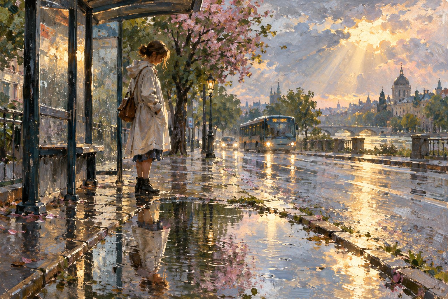 Pintura impresionista de una joven en una parada de buses mirando su reflejo en un charco, ilustración de la distorsión de la imagen corporal
