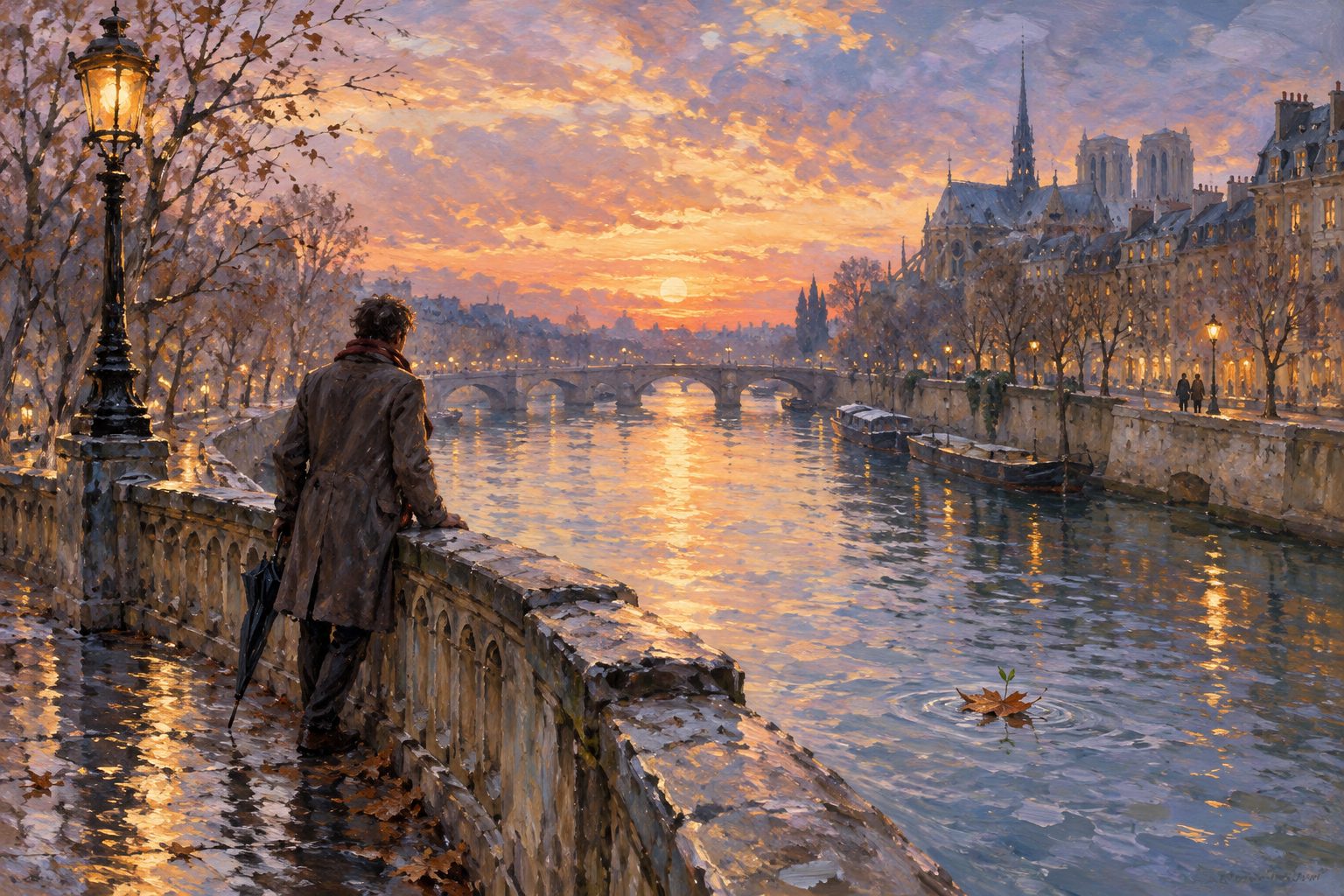 Pintura impresionista de una persona en un puente sobre el río al atardecer, cuando mi ex tiene nueva pareja