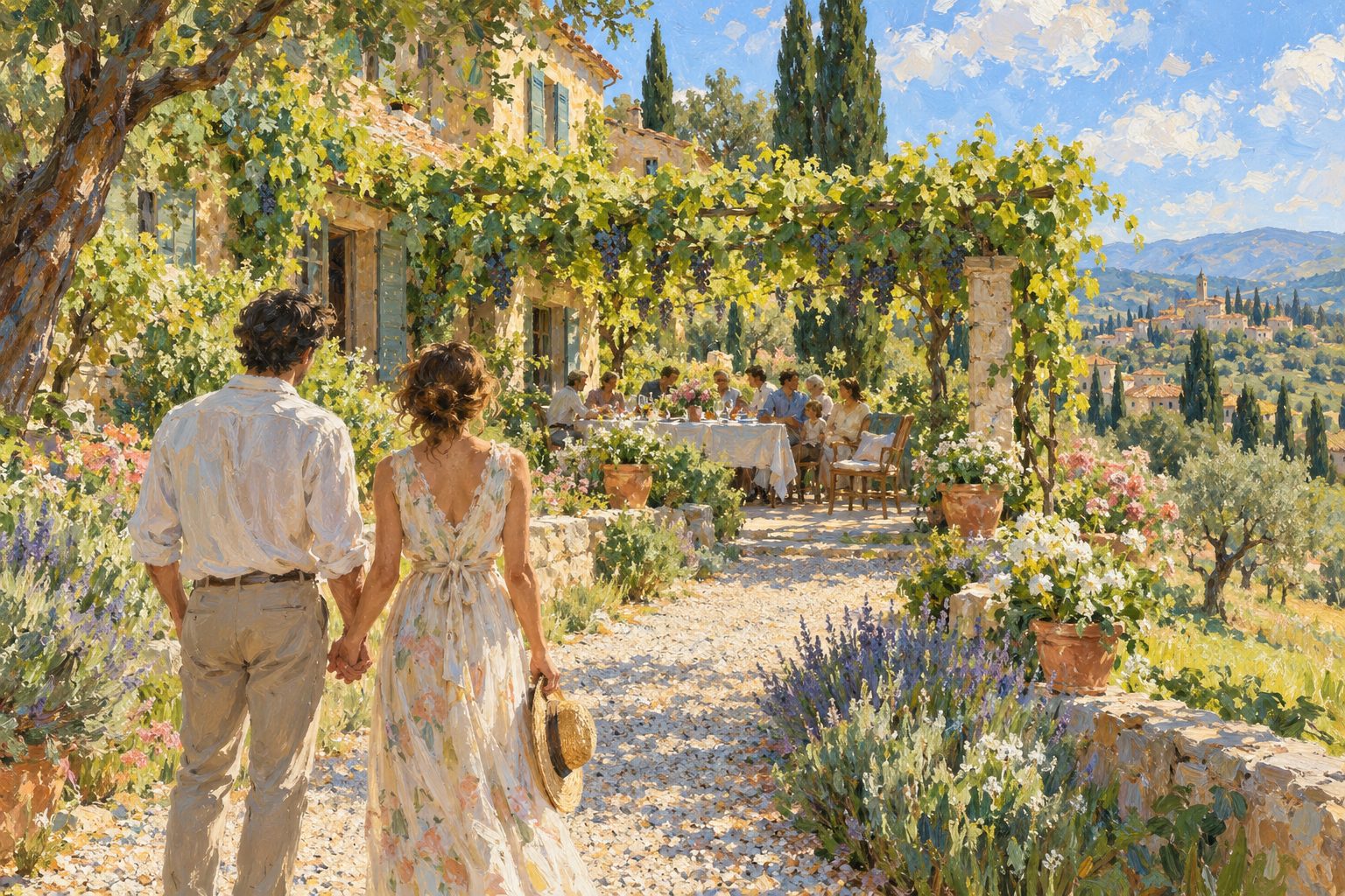 Pintura impresionista de una pareja ante una mesa familiar bajo un parrón, ilustración de qué hacer si mi familia no acepta a mi pareja