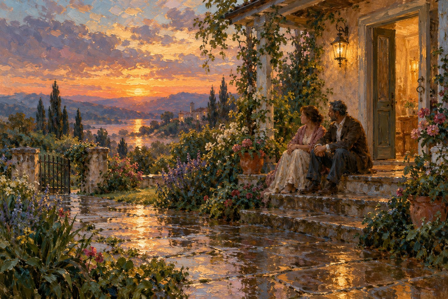 Pintura impresionista de una pareja esperando en el porche con la luz encendida, ilustración de qué hacer si mi hija tiene una relación tóxica