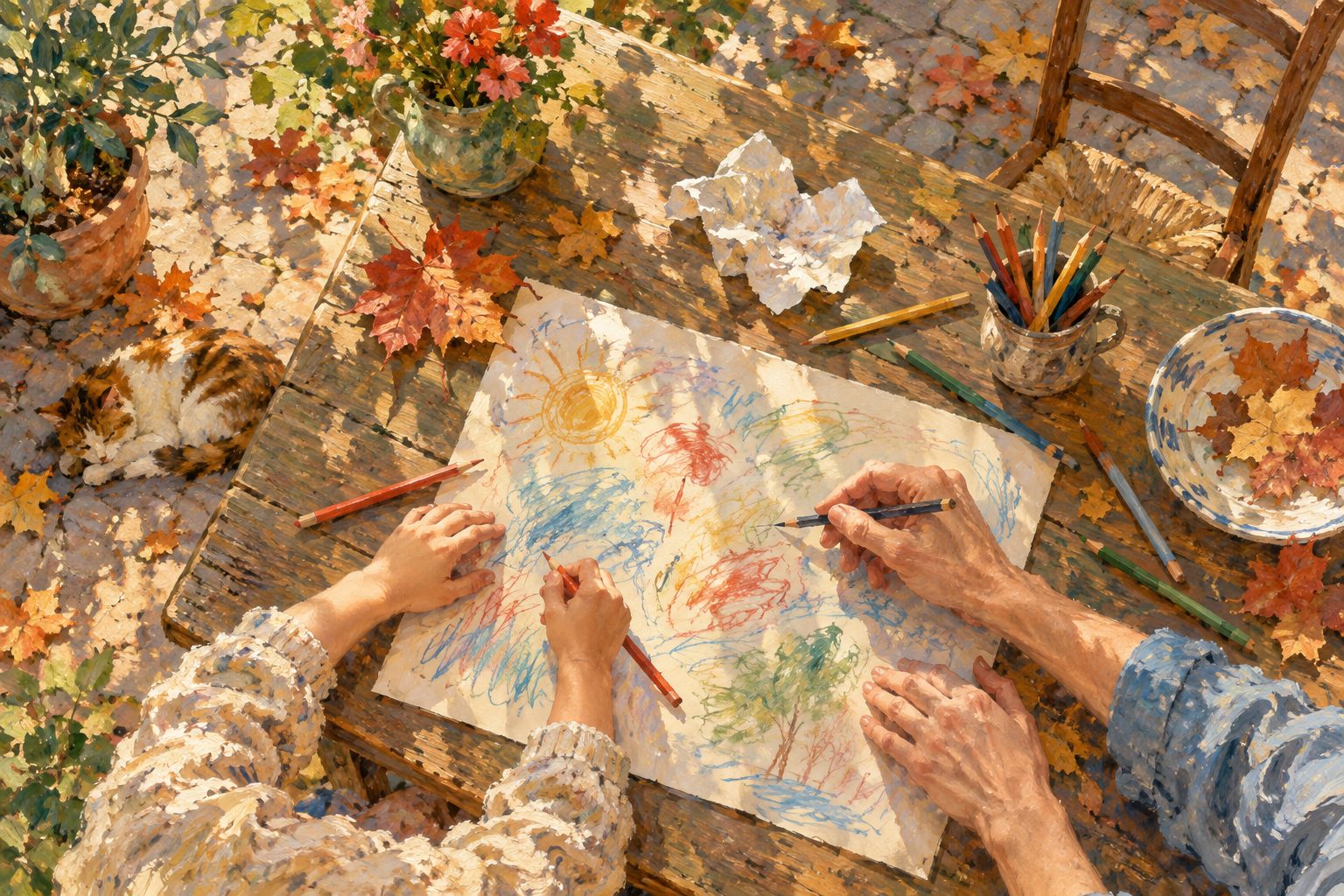 Pintura impresionista de manos de adulto y niño dibujando juntos, ilustración de qué hacer si mi hijo miente todo el tiempo