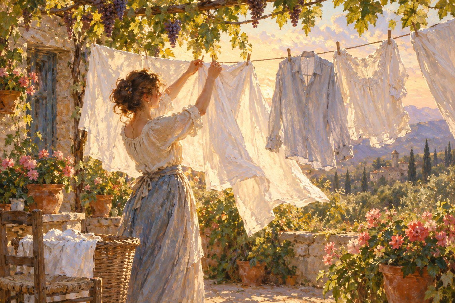 Pintura impresionista de una mujer tendiendo ropa en un patio, ilustración de cuando sientes que tu marido no te quiere