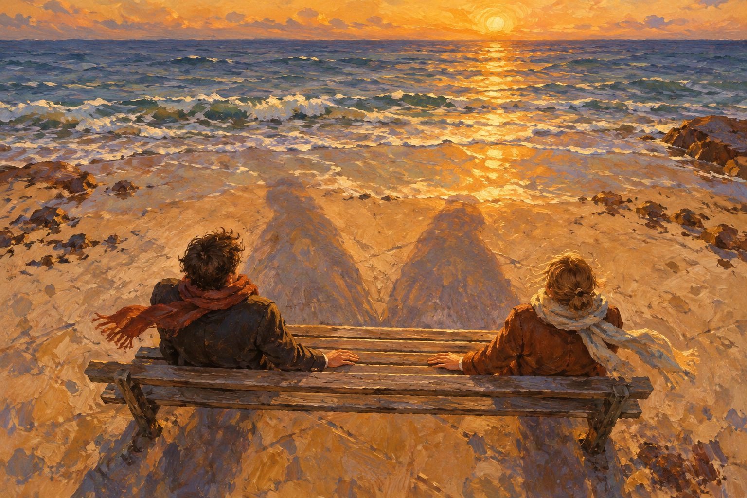 Pintura impresionista de dos personas en los extremos de un banco frente al mar, ilustración sobre cuando la pareja no te desea como antes