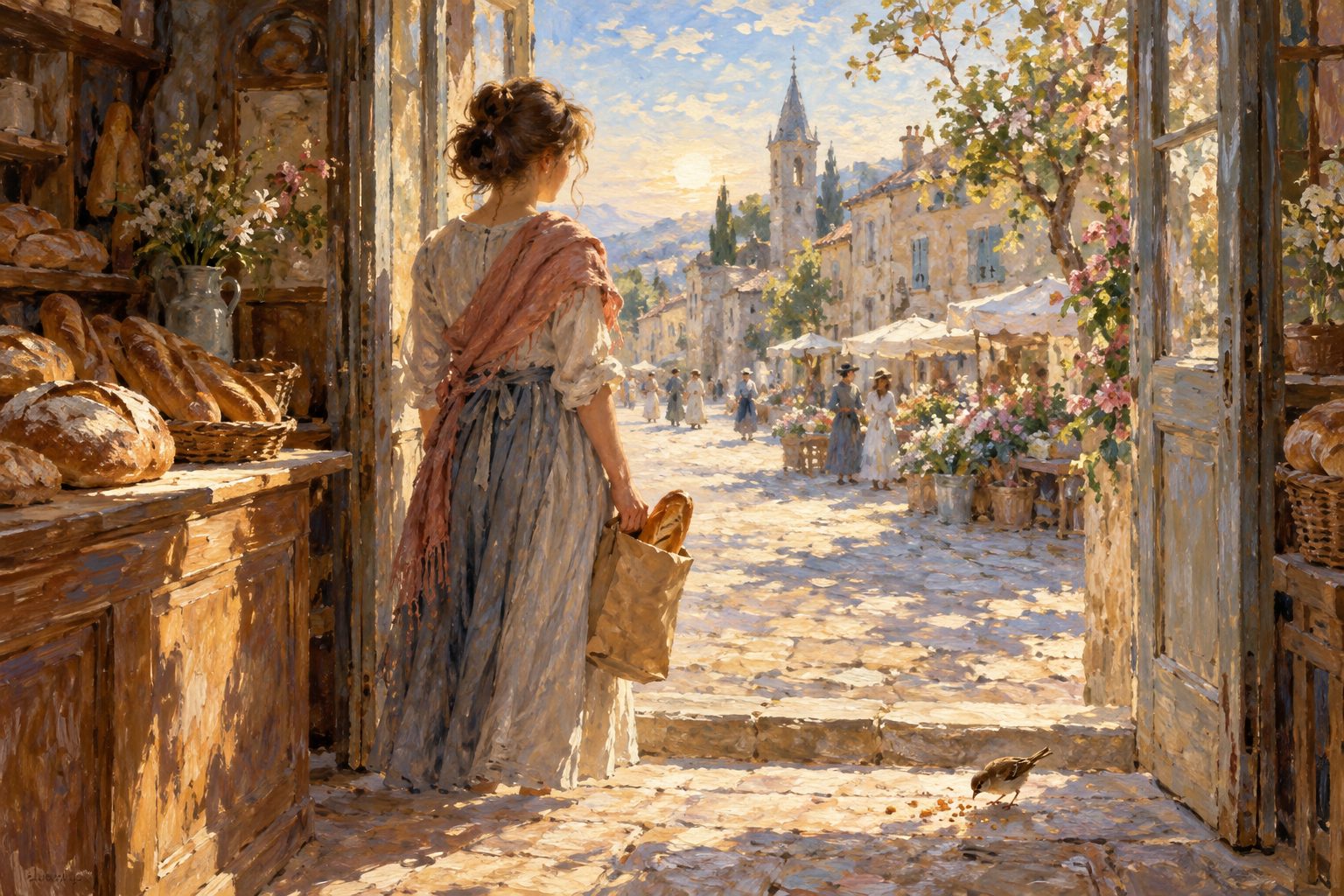 Pintura impresionista de una joven en el umbral de una panadería al amanecer, ilustración sobre el miedo a engordar