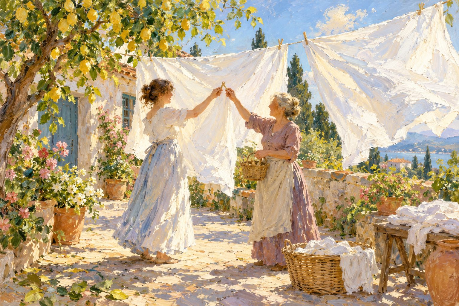 Pintura impresionista de una joven y su madre mayor tendiendo sábanas en un patio, ilustración del miedo a que mis padres mueran