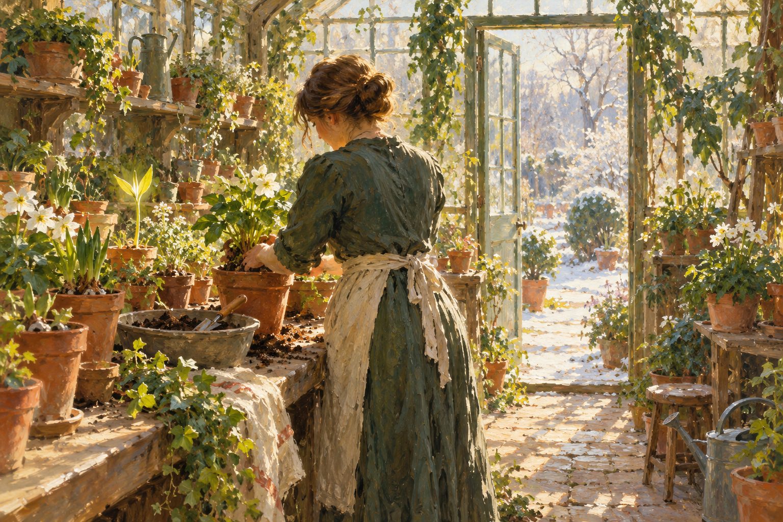 Pintura impresionista de una mujer trasplantando brotes en un invernadero, ilustración del miedo a quedarme sola sin pareja