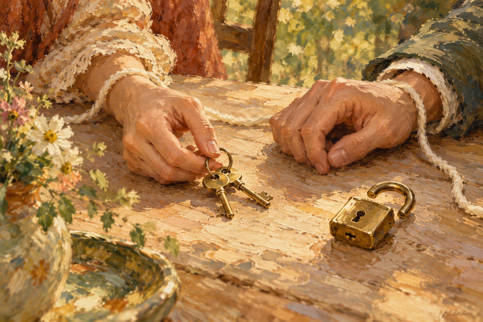 Pintura impresionista de dos manos con un llavero sobre una mesa, ilustración del miedo al compromiso en pareja