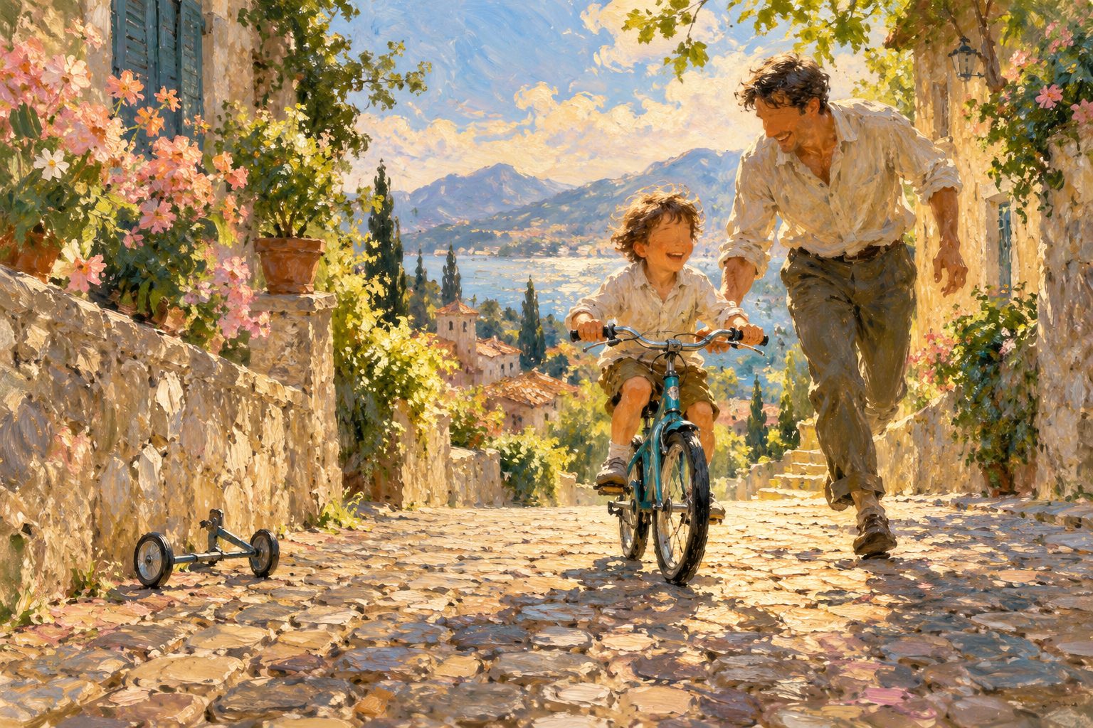 Pintura impresionista de un niño aprendiendo a andar en bicicleta con una adulta, ilustración del miedo al fracaso