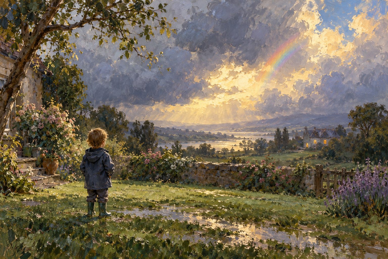 Pintura impresionista de un nino en un jardin mirando abrirse las nubes tras la tormenta, sobre padres que pelean mucho
