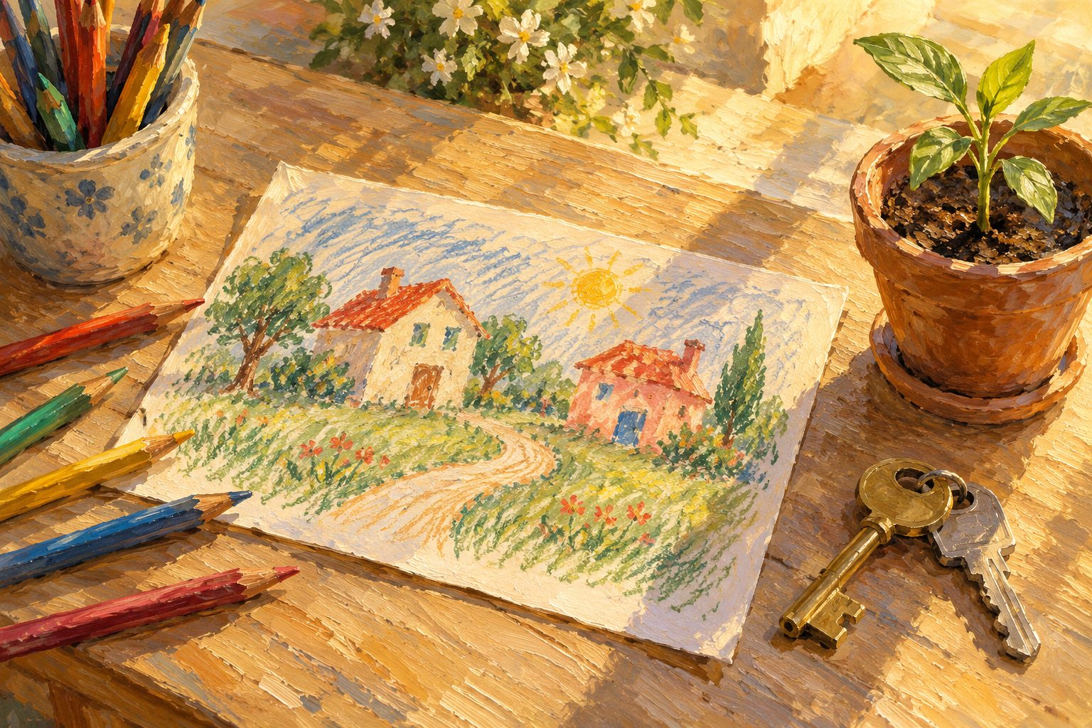 Pintura impresionista de un dibujo infantil de dos casas con un brote nuevo, sobre afrontar el divorcio de tus padres