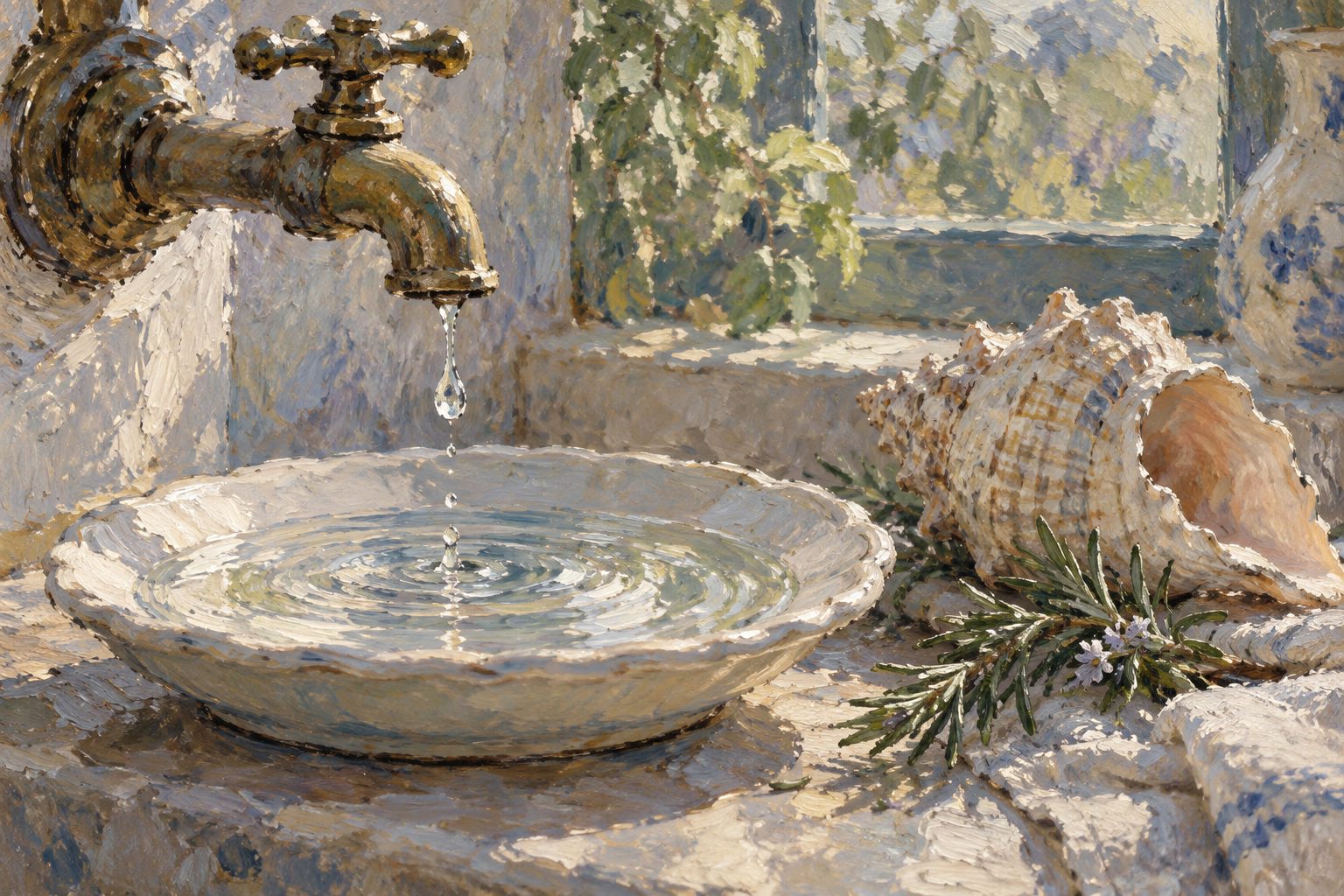 Pintura impresionista de una gota cayendo en un platillo junto a una concha, ilustración de la misofonía