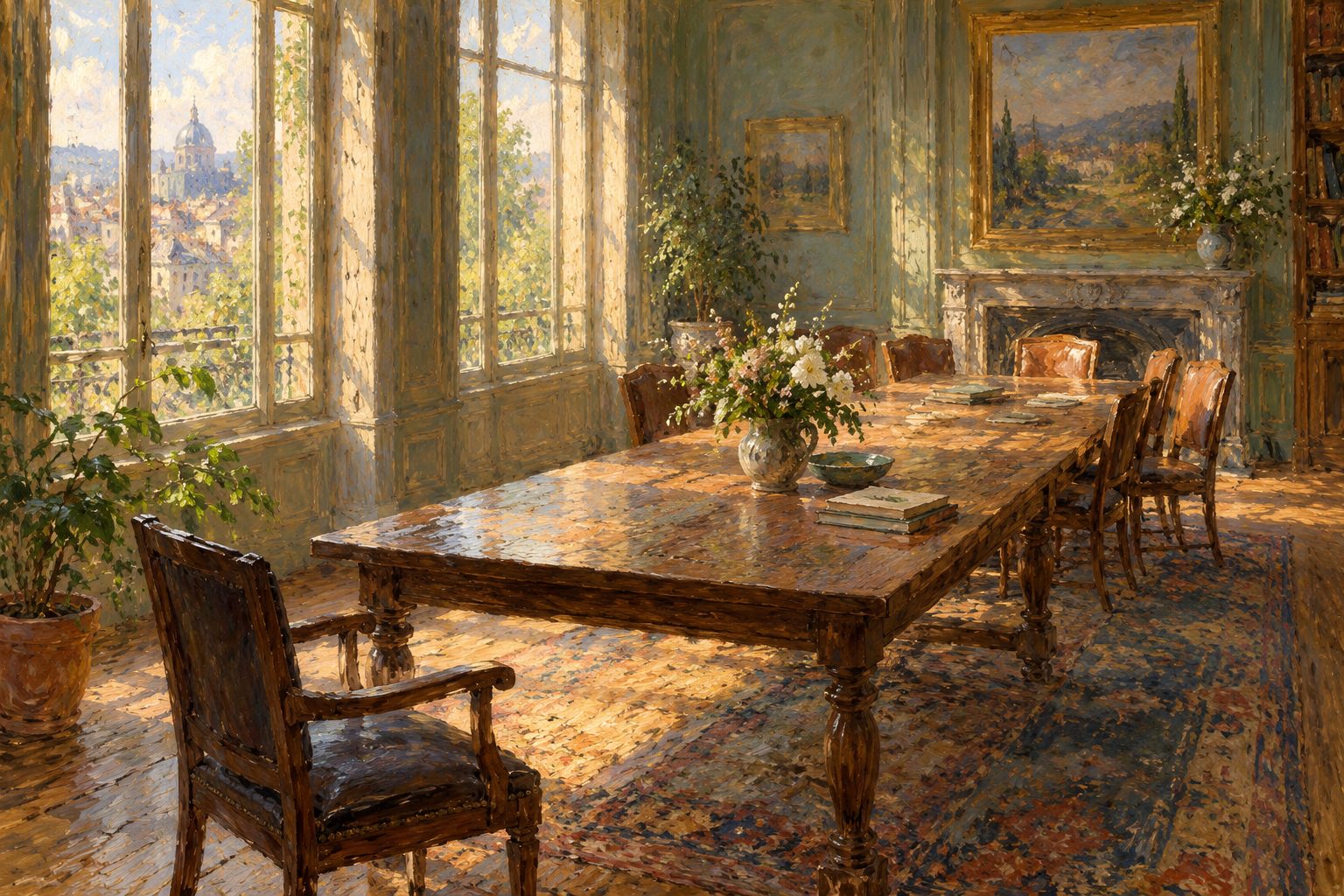Pintura impresionista de una sala de reuniones vacía, sillas agrupadas y una aparte, sobre mobbing vertical y horizontal