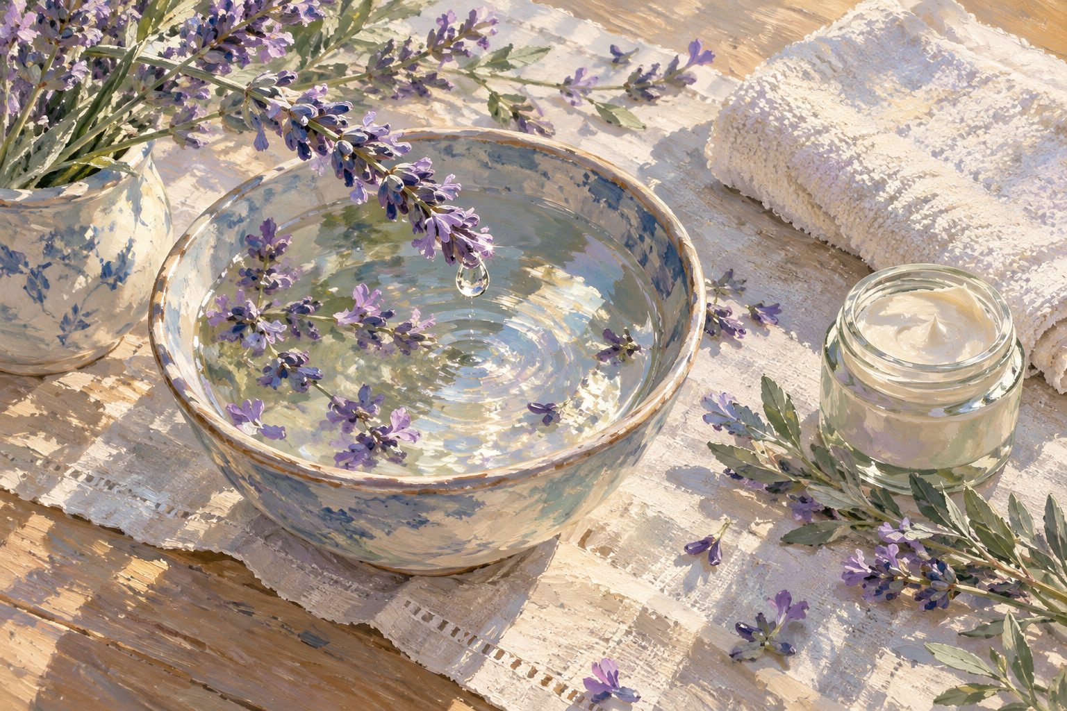 Pintura impresionista de un bodegon de cuidado de manos con lavanda, ilustracion sobre morderse la piel de los dedos