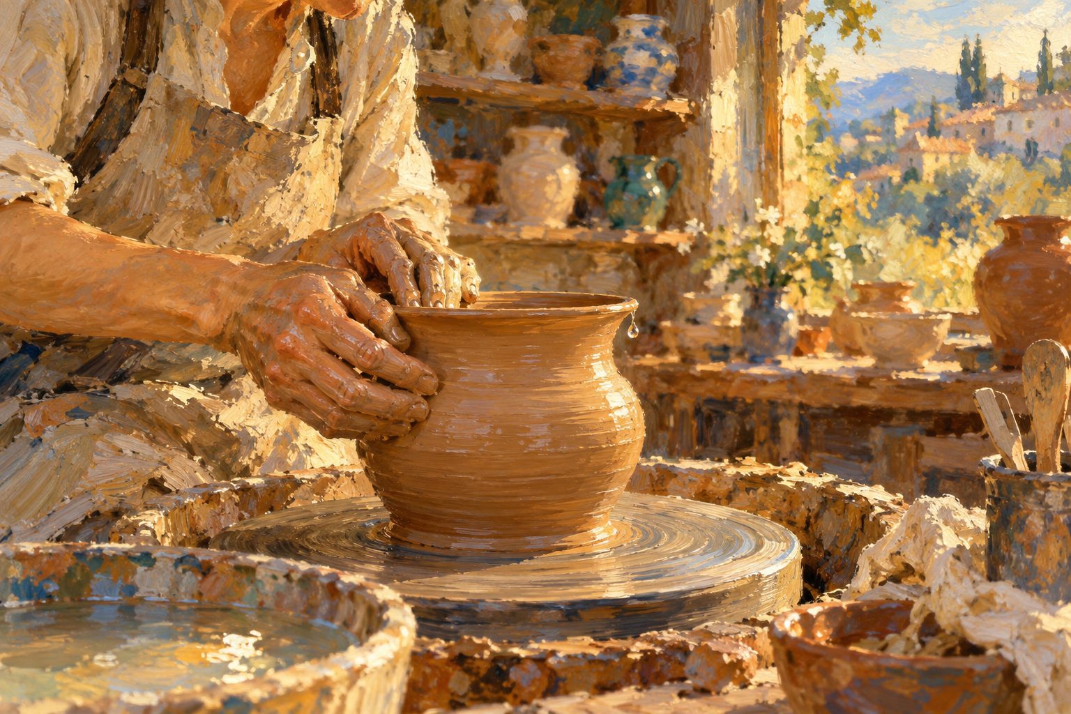 Pintura impresionista de unas manos modelando barro en un torno, ilustracion sobre morderse las unas u onicofagia