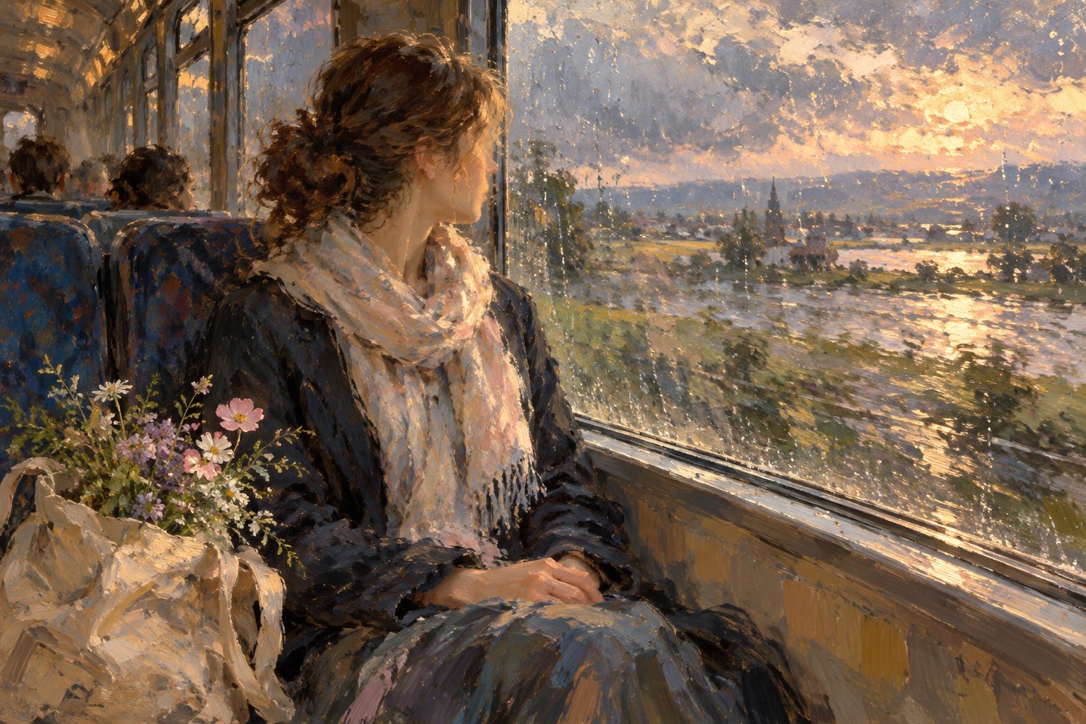 Pintura impresionista de una mujer serena en un tren bajo la lluvia, ilustracion sobre morderse los labios por dentro