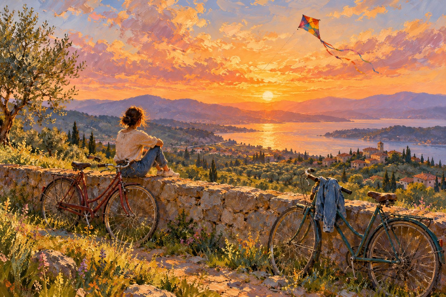 Pintura impresionista de una persona junto a una bicicleta vacía en una colina al atardecer, ilustración del duelo por la muerte de un amigo