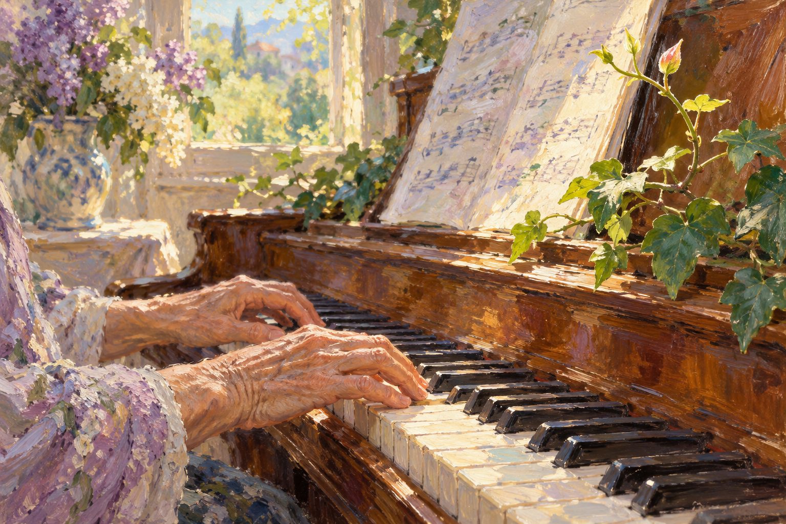 Pintura impresionista de manos mayores sobre un piano con un brote nuevo, ilustracion de la neuroplasticidad del cerebro