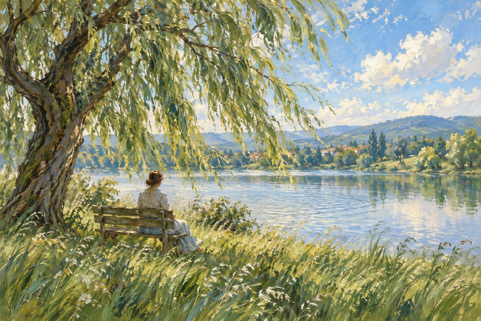 Pintura impresionista de una persona junto a un estanque que se calma, ilustración del neuroticismo