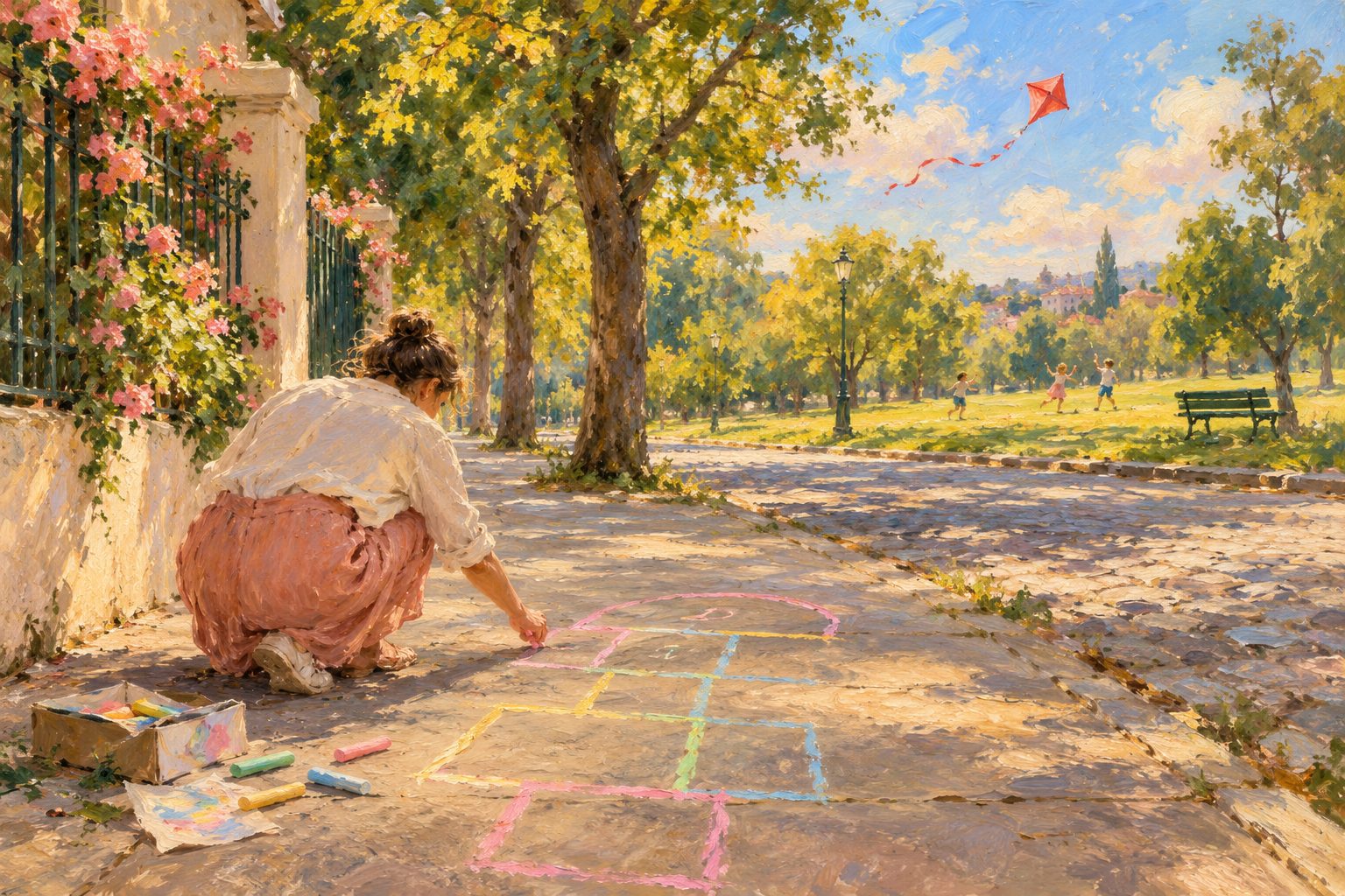 Pintura impresionista de un adulto dibujando una rayuela con tiza, ilustracion de que es el nino interior