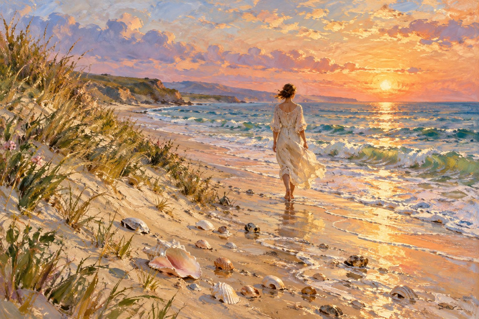 Pintura impresionista de una mujer caminando por la orilla del mar al atardecer, ilustración de qué hacer cuando no me gusta mi cuerpo