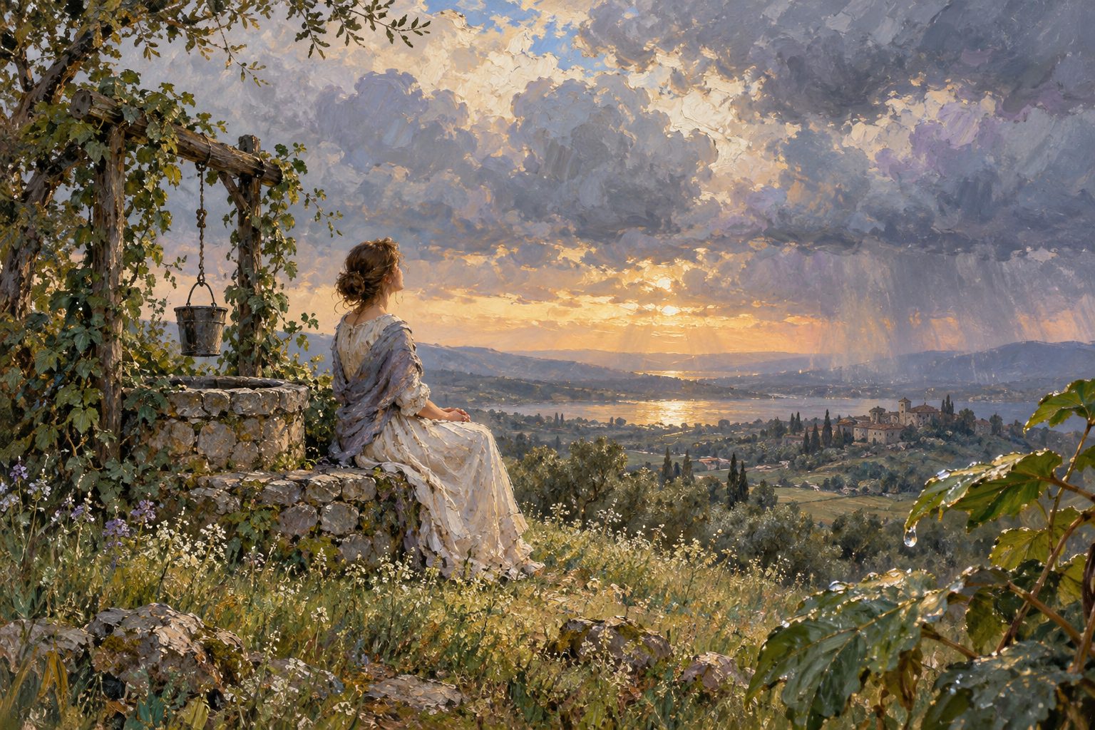 Pintura impresionista de una mujer junto a un pozo bajo nubes cargadas, ilustración de no puedo llorar aunque quiera