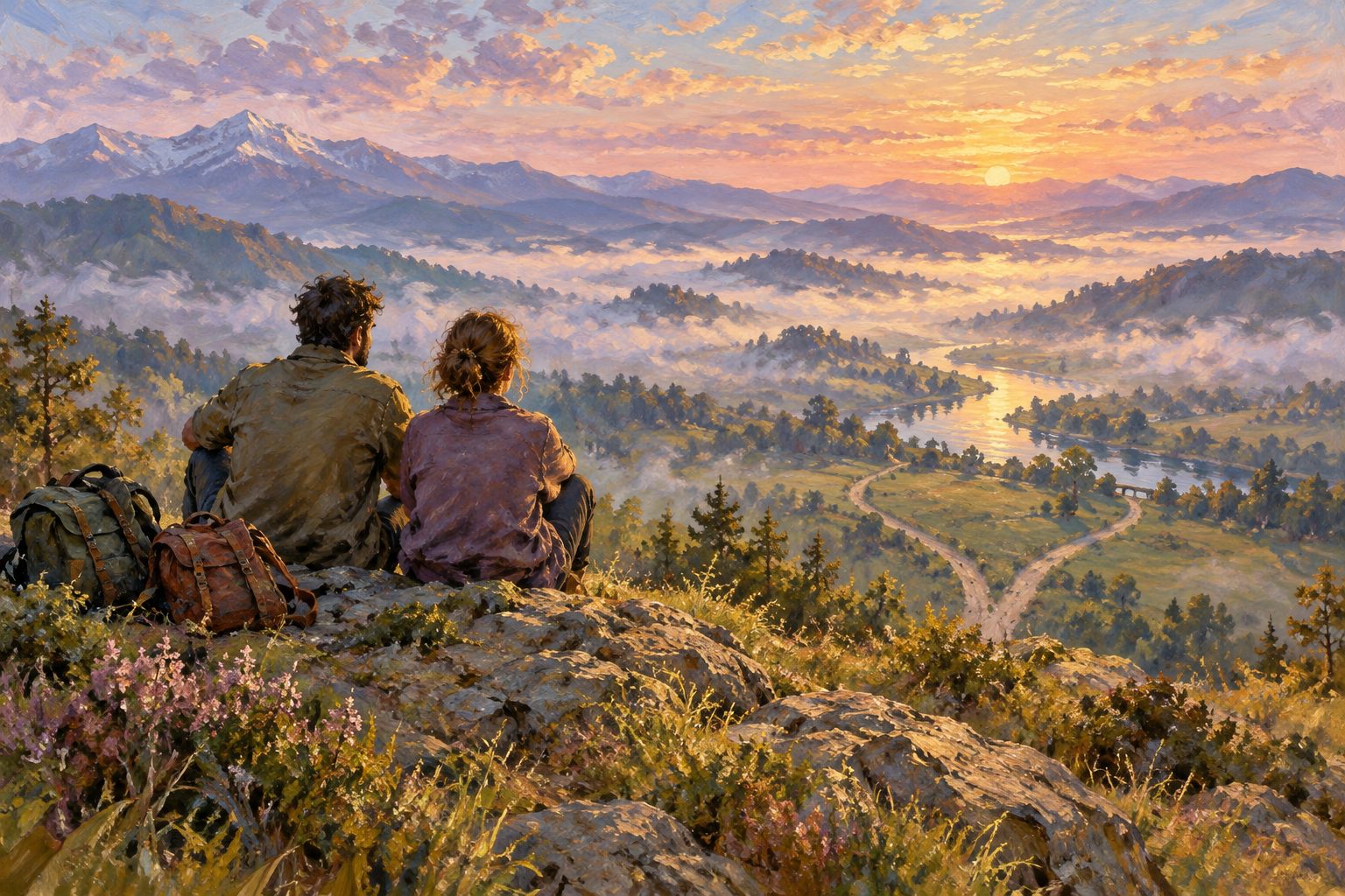 Pintura impresionista de una pareja mirando un valle al amanecer, ilustración de no quiero tener hijos y mi pareja sí