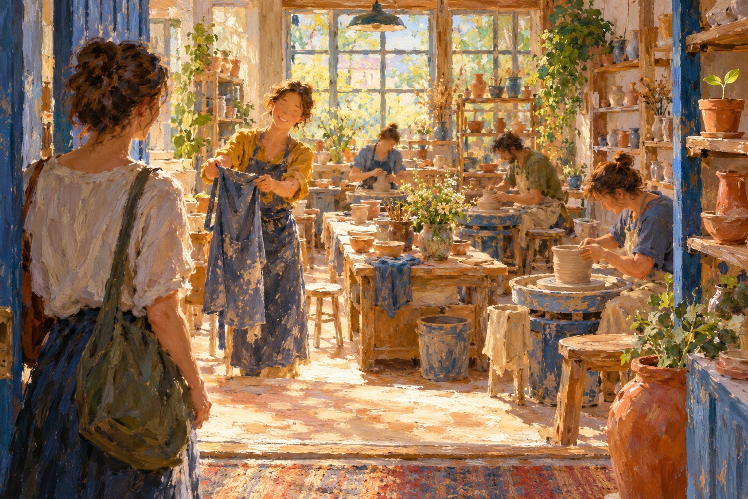 Pintura impresionista de una persona que llega a un taller de cerámica comunitario, ilustración de no tengo amigos