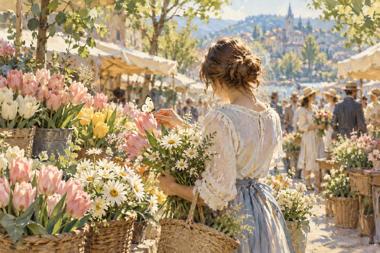 Pintura impresionista de una persona en una feria de flores, ilustración del artículo sobre nunca haber tenido pareja