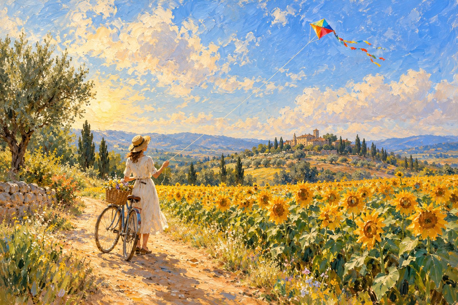 Pintura impresionista de una persona en bicicleta ante un campo de girasoles, ocio significativo y bienestar