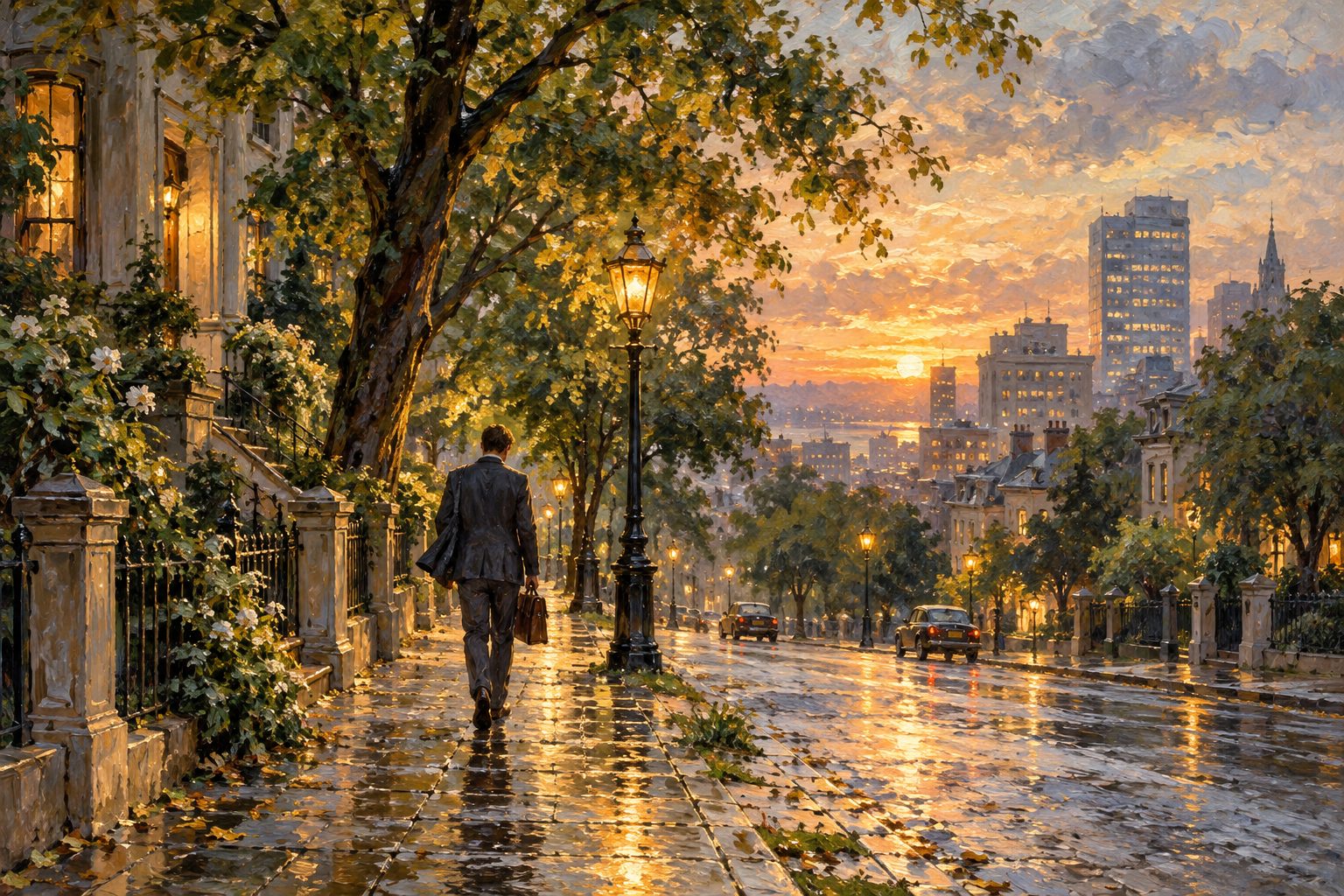 Pintura impresionista de una persona volviendo a casa por una calle arbolada, ilustración de odio mi trabajo