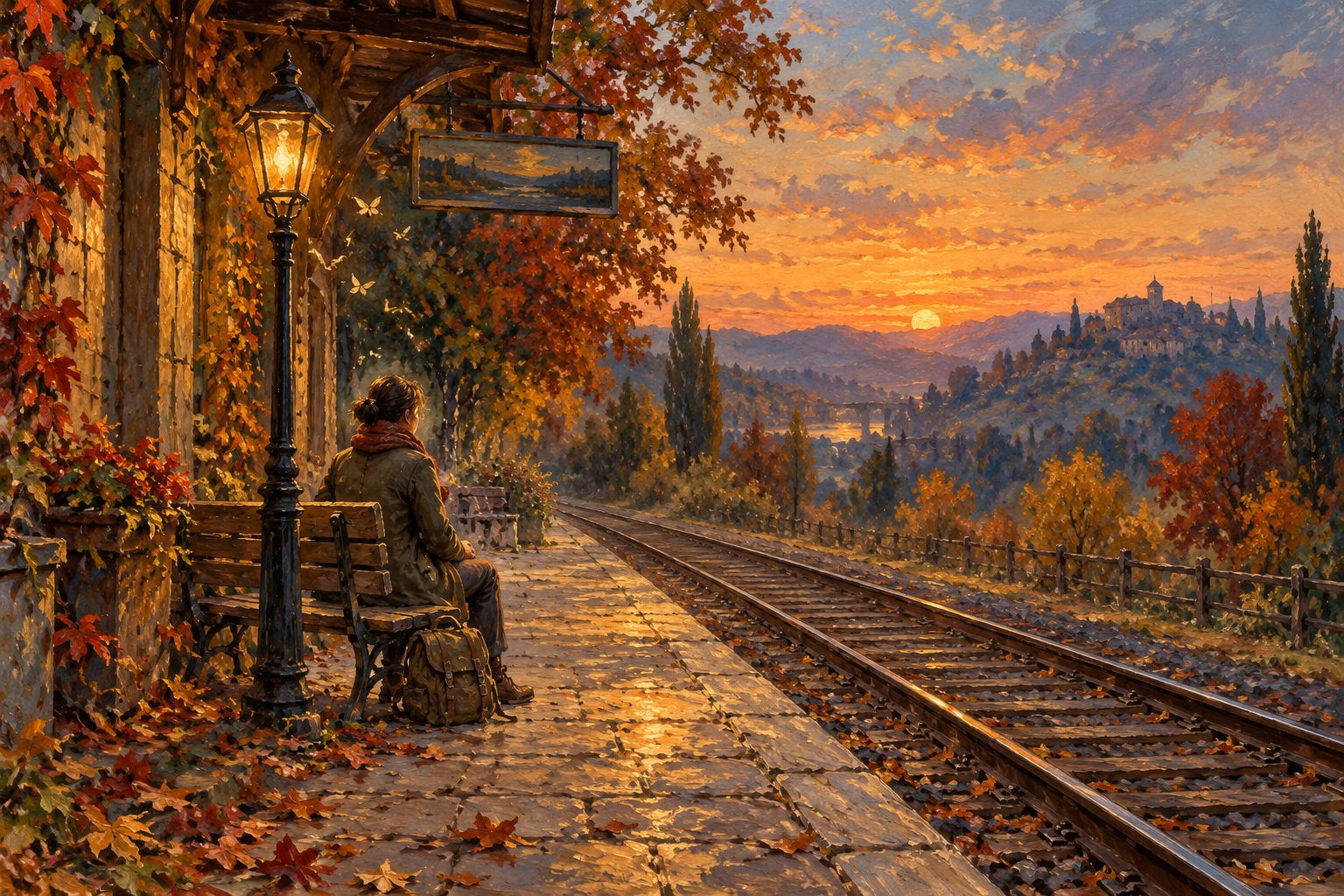 Pintura impresionista de una persona esperando en un andén con un farol, ilustración del orbiting cuando te deja en visto