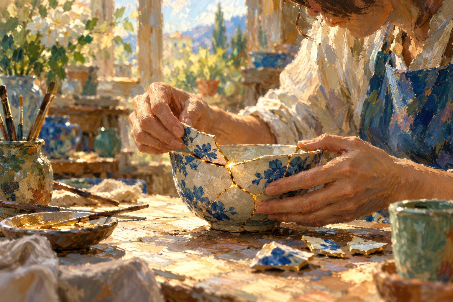 Pintura impresionista de manos reparando un cuenco con vetas doradas estilo kintsugi, ilustración del orgullo herido