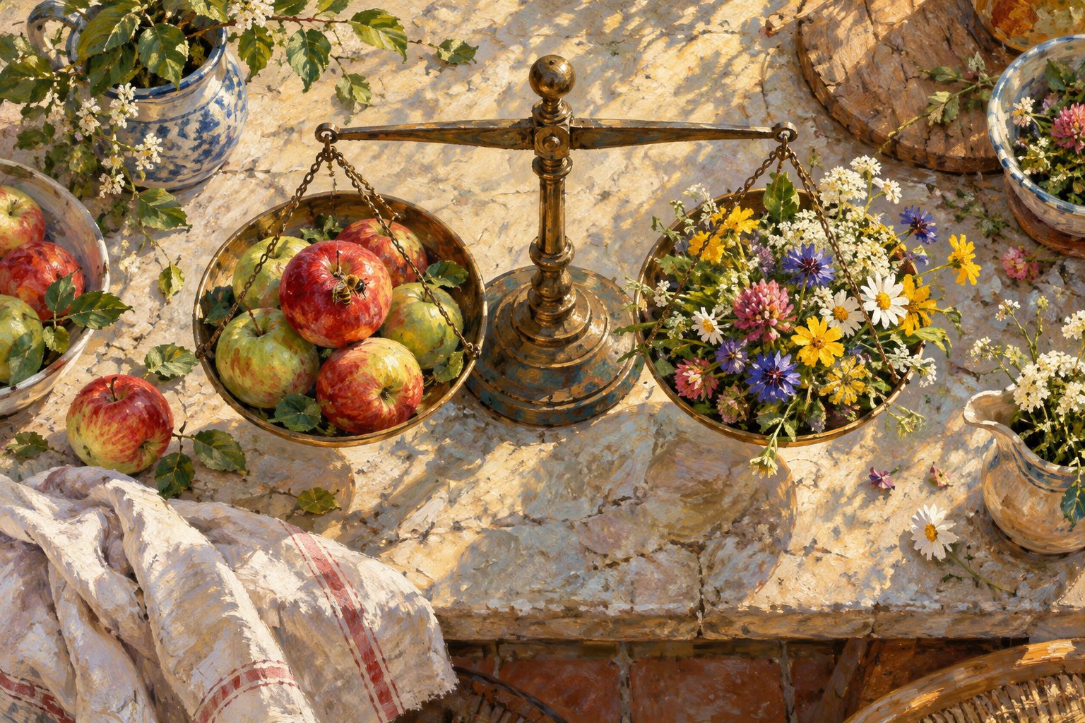 Pintura impresionista de una balanza en equilibrio con manzanas y flores, ortorexia: qué es y síntomas