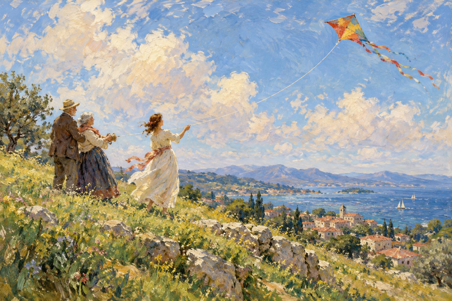 Pintura impresionista de una pareja mayor y una joven soltando el hilo de una cometa, ilustración de padres controladores