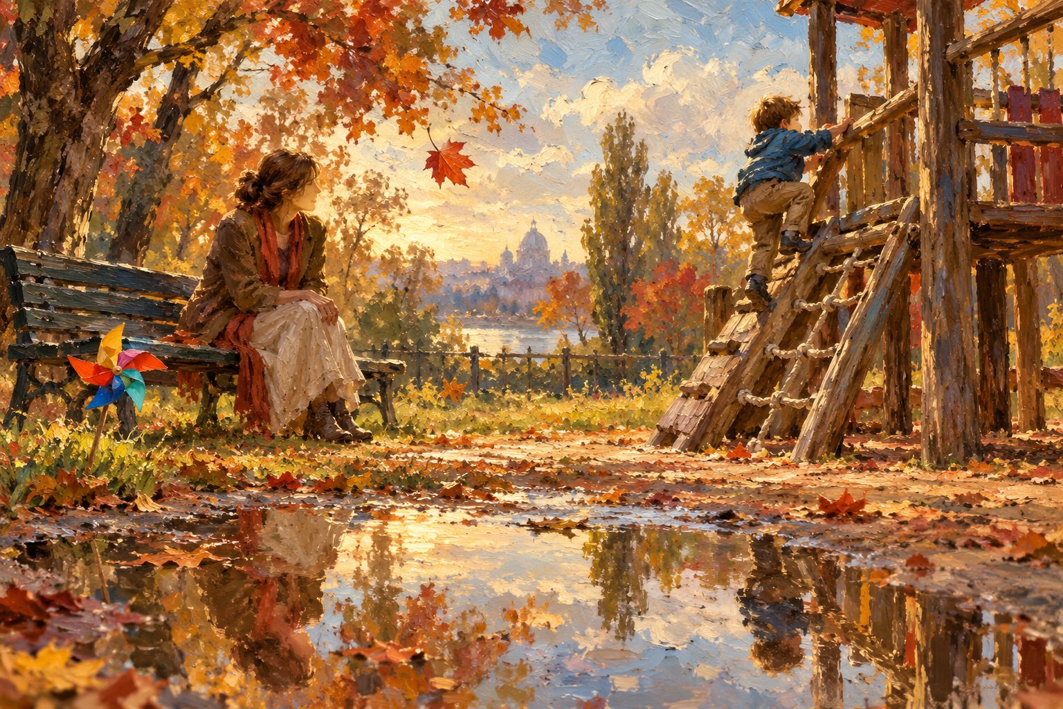 Pintura impresionista de una madre observando tranquila a su hijo en el parque, ilustración sobre padres helicóptero