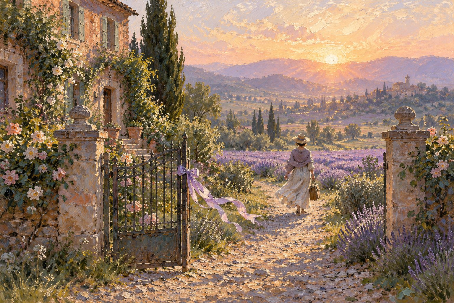 Pintura impresionista de una persona adulta alejándose por un sendero entre lavandas, ilustración sobre padres tóxicos