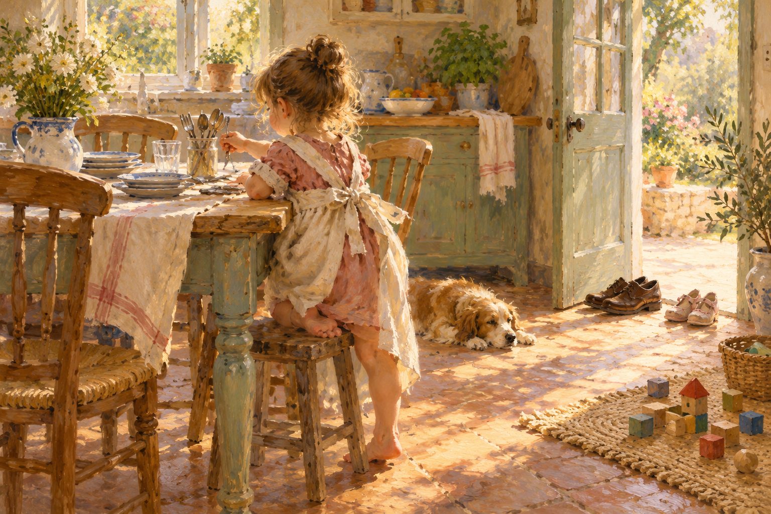 Pintura impresionista de una niña con delantal grande poniendo la mesa, ilustración sobre la parentificación
