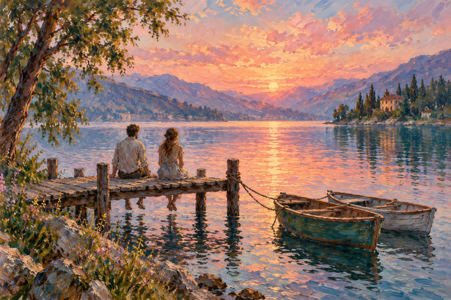 Pintura impresionista de dos hermanos adultos en un muelle al atardecer, sobre reconciliarse tras peleas entre hermanos