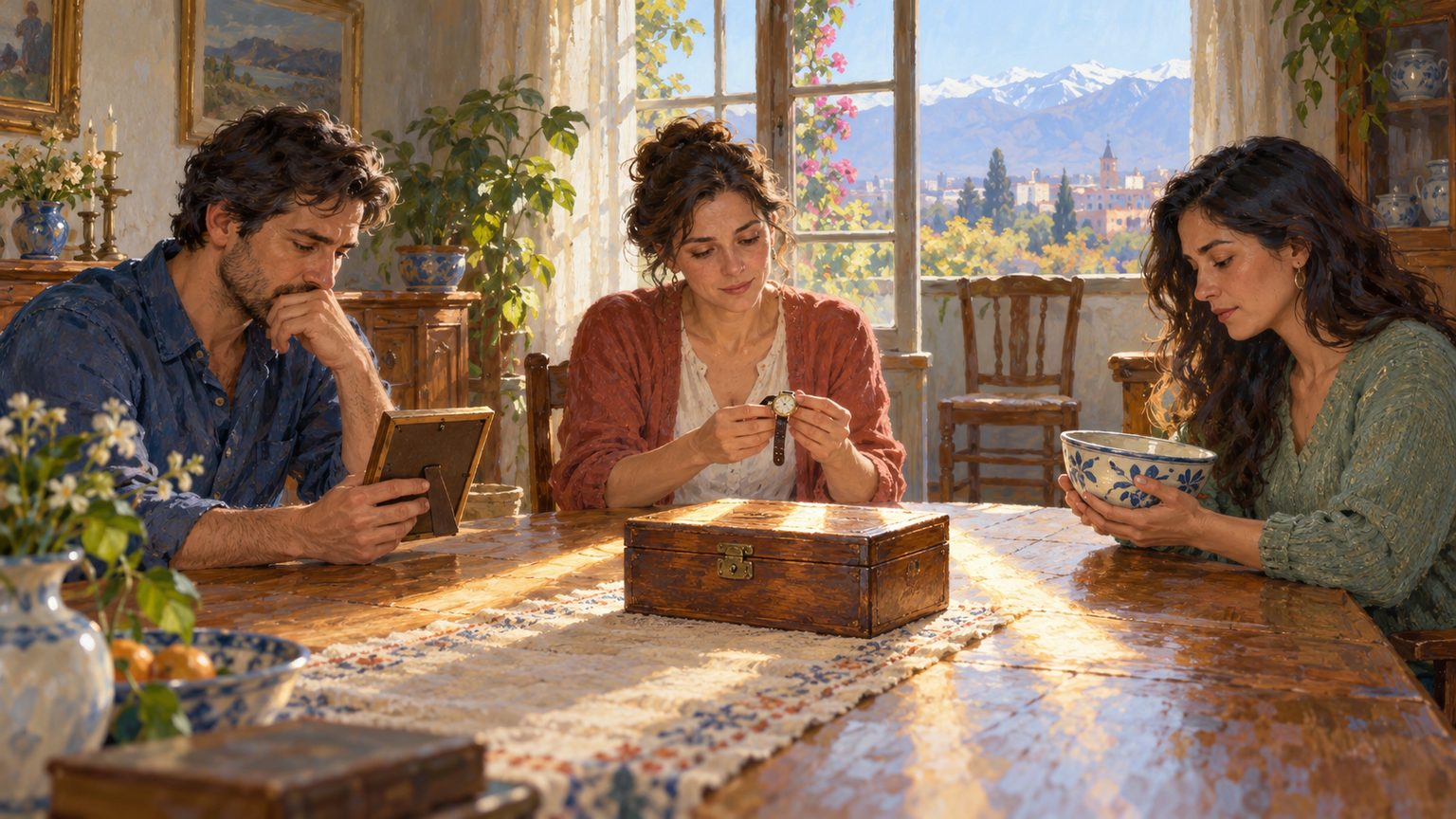Tres hermanos adultos conversan alrededor de una mesa con objetos heredados en una casa familiar