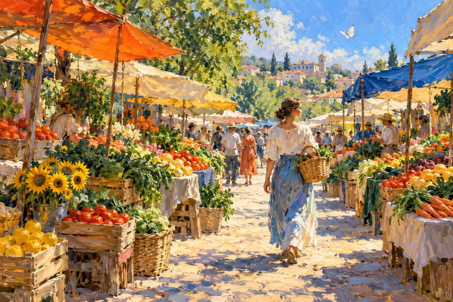 Pintura impresionista de una mujer paseando por una feria con una mariposa al vuelo, ilustración sobre pensar todo el día en comida
