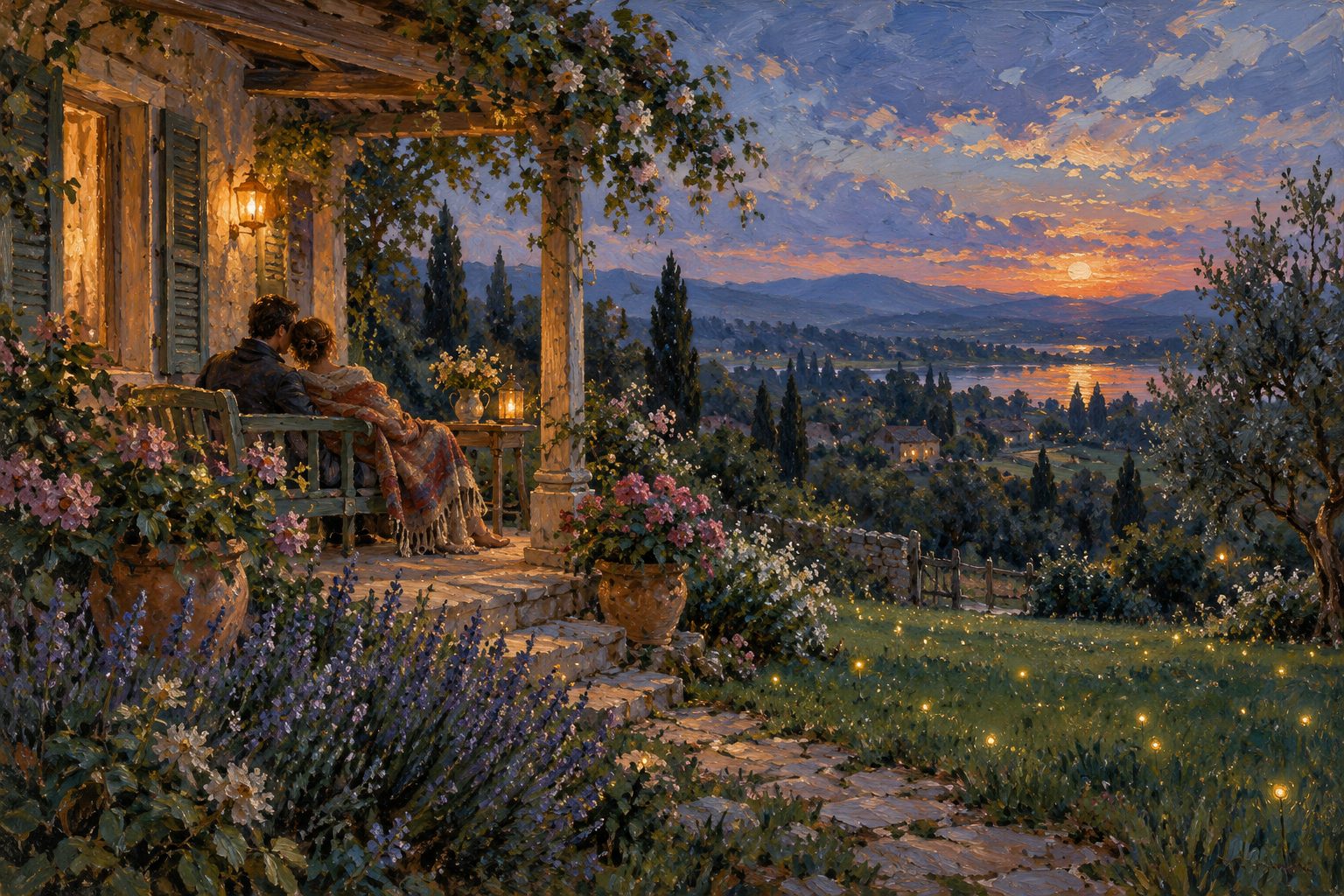 Pintura impresionista de una pareja abrigada con una manta en el porche al anochecer, ilustración del duelo por perder un hijo