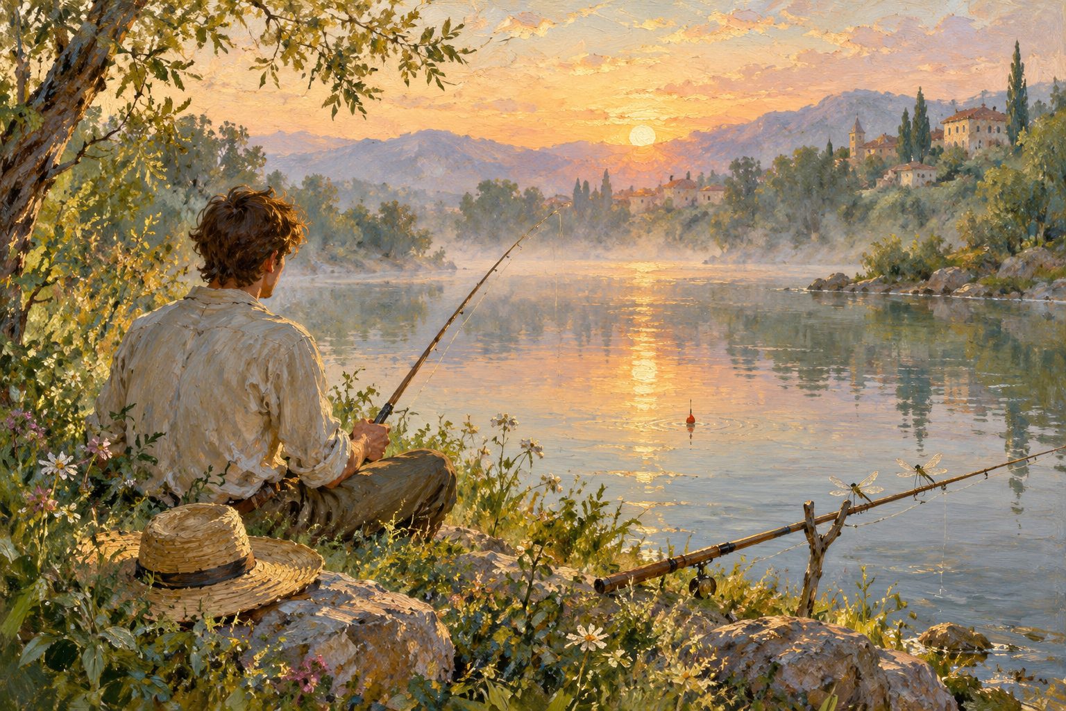 Pintura impresionista de una persona pescando junto a un río al amanecer, ilustración de perder a un padre y vivir el duelo
